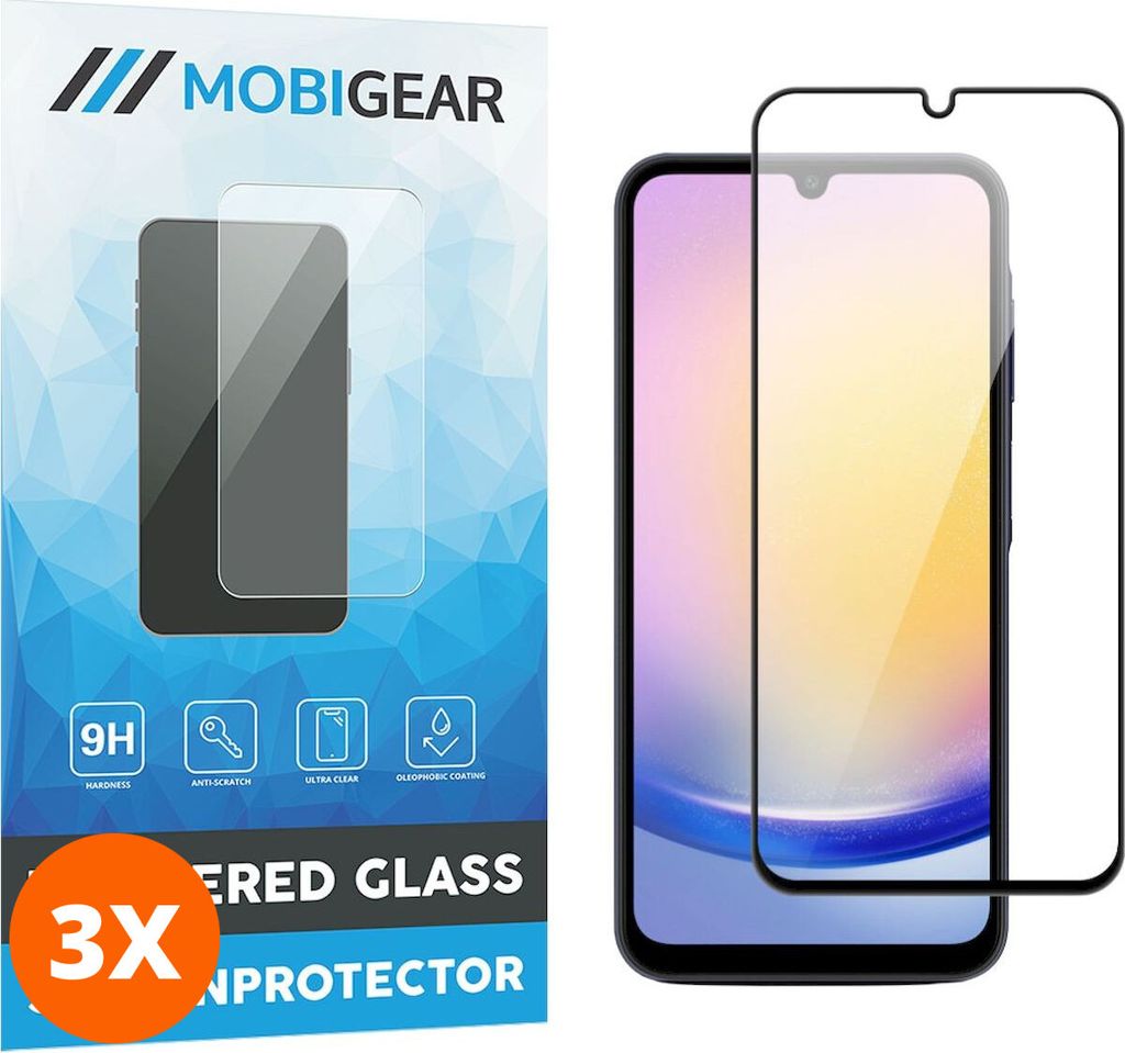 Mobigear Premium 9.98 Samsung Galaxy A25 Panzerglas Gehärtetes Glas Displayschutz - Hüllenfreundlich - Schwarz (3er Pack)
