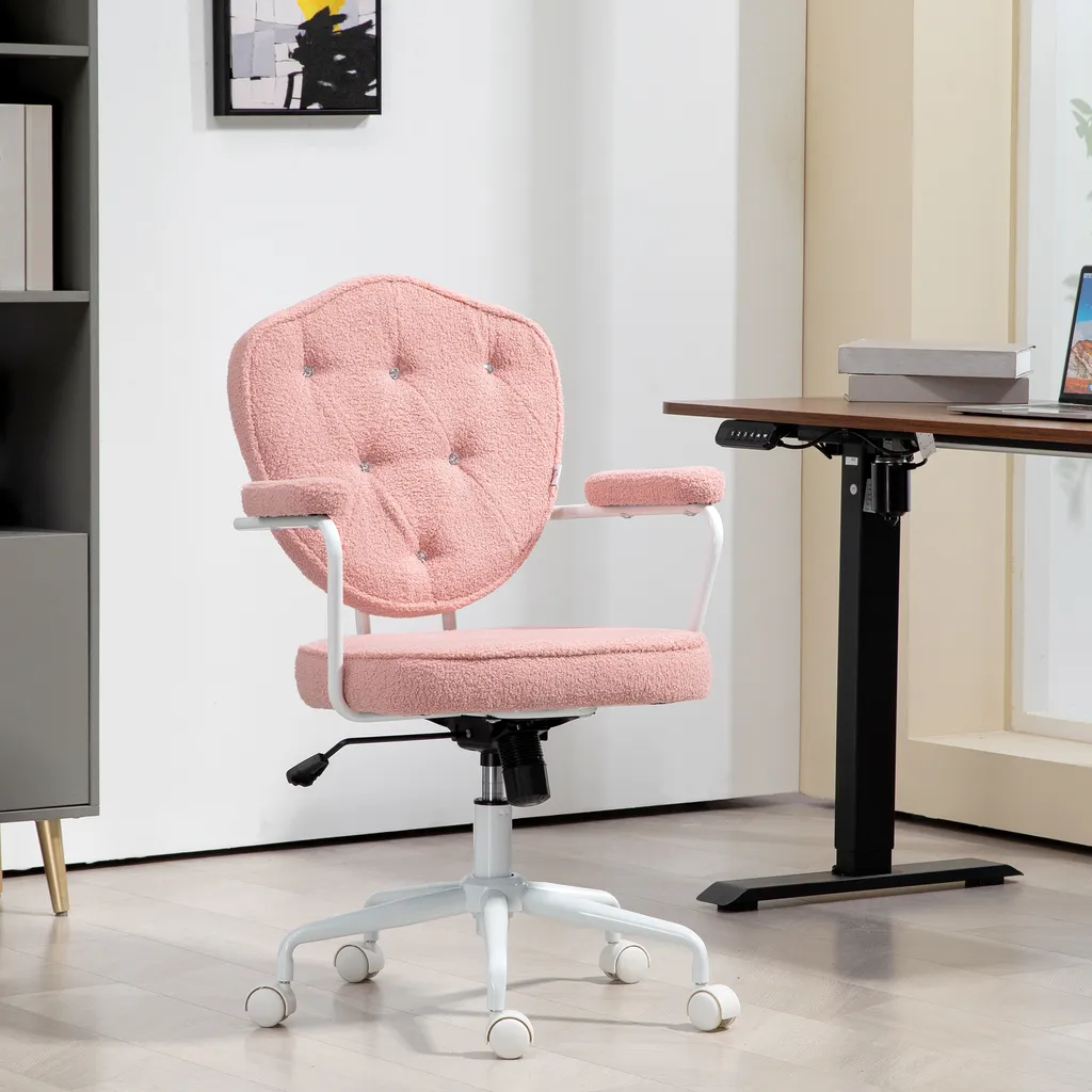Sedia da ufficio HOMCOM, sedia da scrivania ergonomica con funzione dondolo, rivestimento con bottoni, sedia per computer regolabile in altezza con funzione girevole, per l'ufficio di casa, orsetto in pile, rosa - 2