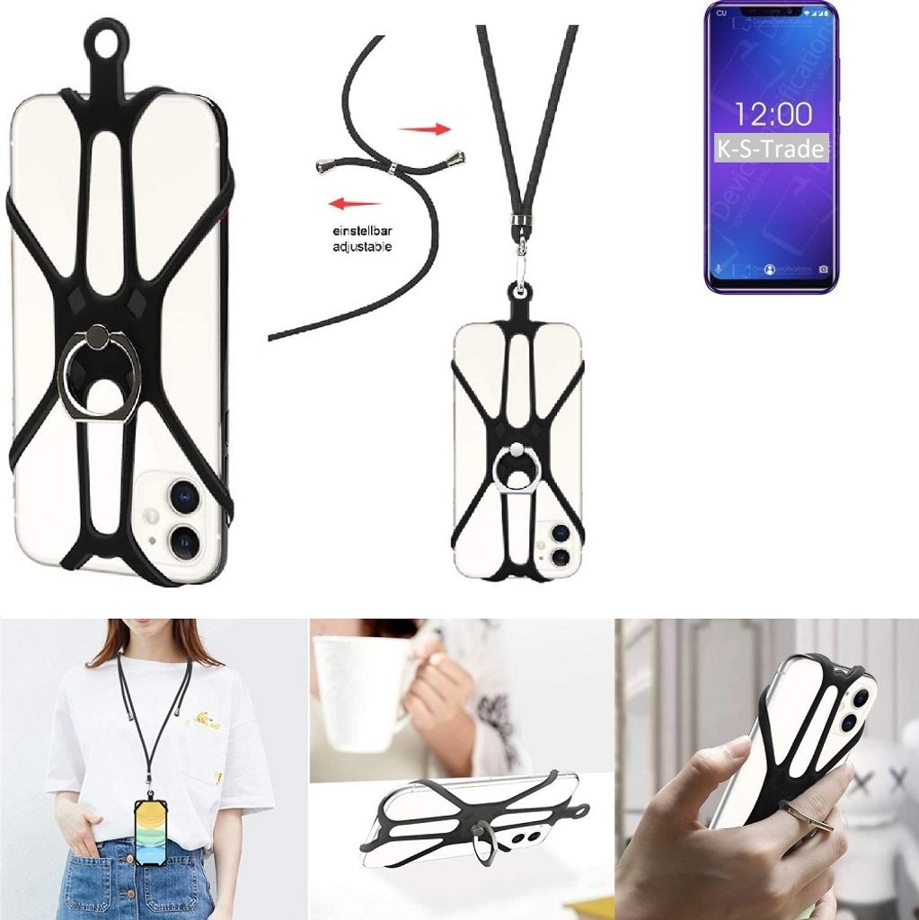 K-S-Trade 3in1 Handykette Handyband Handykordel Halsband Smartphone-Ring Handy-Ring kompatibel mit Oukitel C12 Fingerhalterung Handyring Tischständer