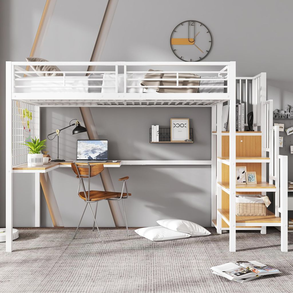 A loft bed with a desk and shelves in a room setting.