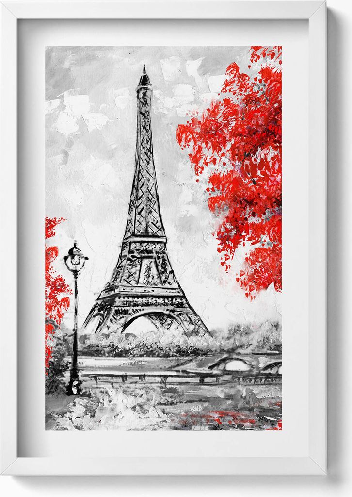 Gemälde mit dem Eiffelturm und roten Bäumen– Wandbild mit Rahmen – Gerahmtes Bild – Wanddekoration – 40x60 cm – Weiß