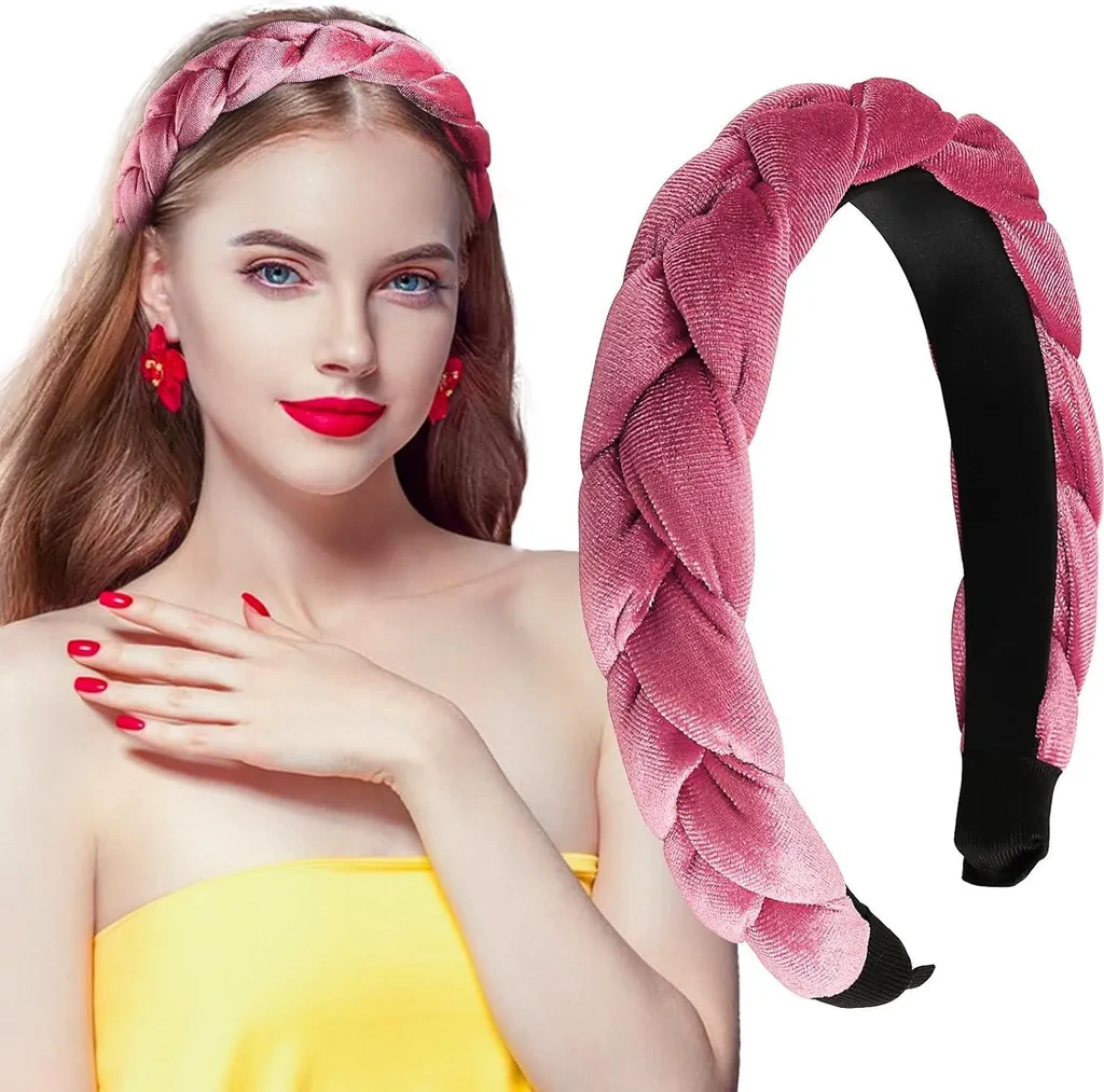 Bandeau à cheveux tressé en velours rose accessoire de tête rétro