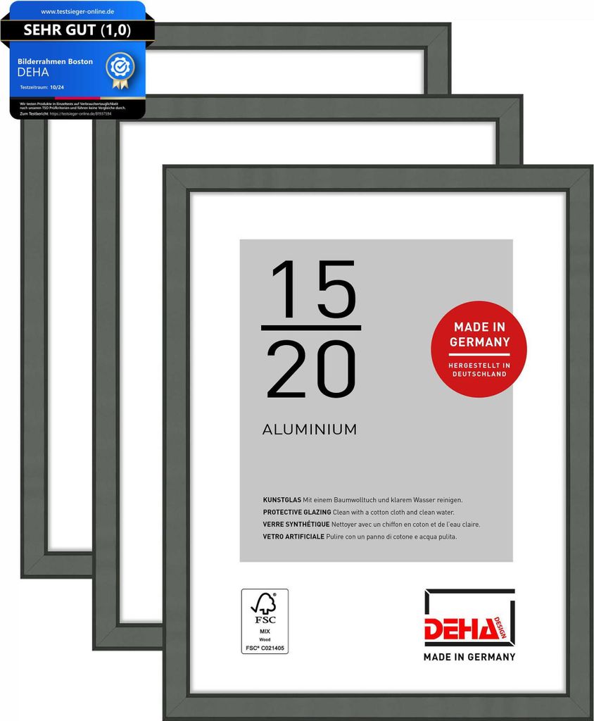 DEHA Design Aluminium Portraitrahmen, Bilderrahmen 3er SET Boston, 15x20 cm, Contrastgrau