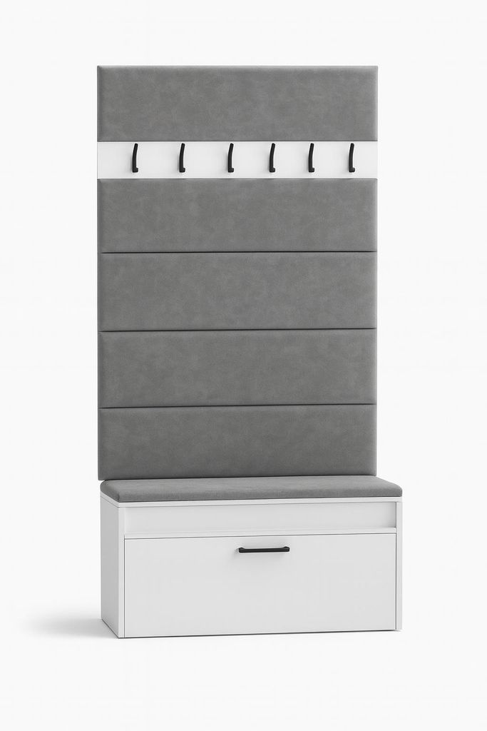 Flur-Set IGO – Schuhschrank mit Sitzbank & Stauraum, 5 gepolsterte Wandpaneele (100×35) und Wandgarderobe mit 6 schwarzen Haken – Weiß, moder...
