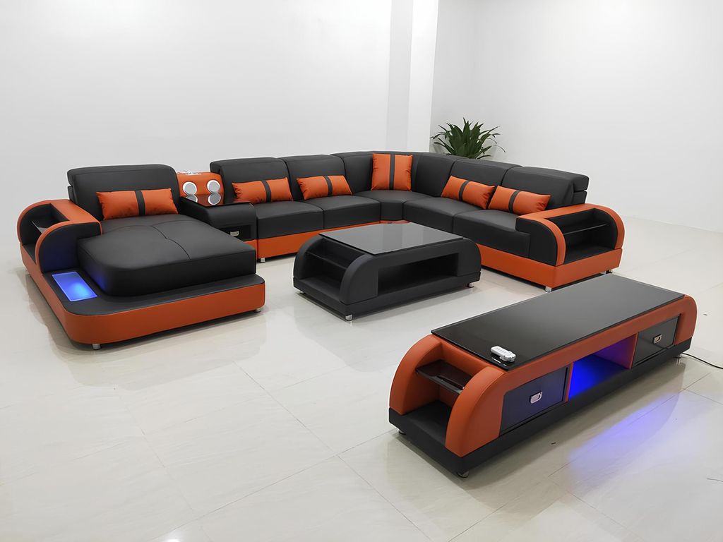 Wohnlandschaft Couch Polster Sofa Garnitur 3tlg. Set Couchtisch Sideboard Leder
