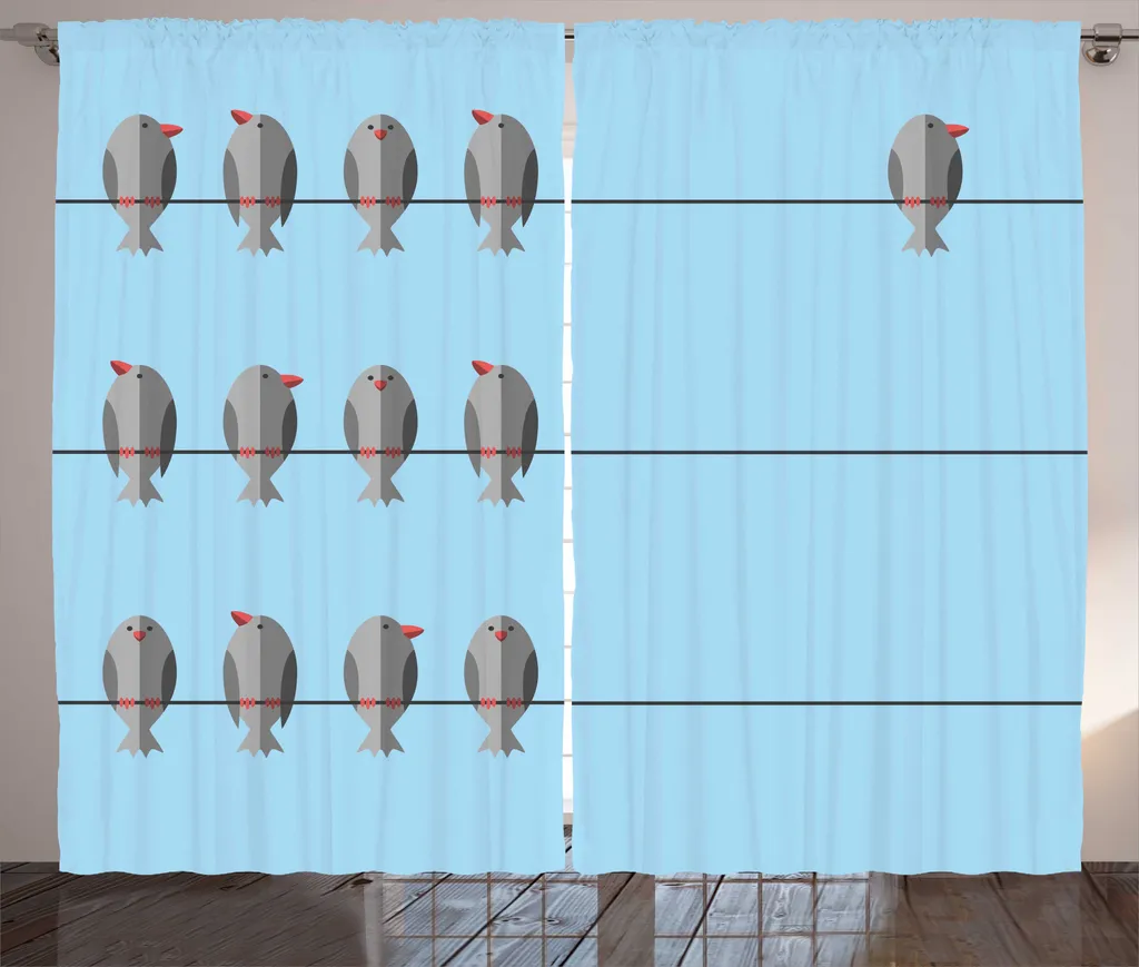 Grand rideau oiseaux 280x225 cm pour cacher vis-à-vis bleu ciel et gris