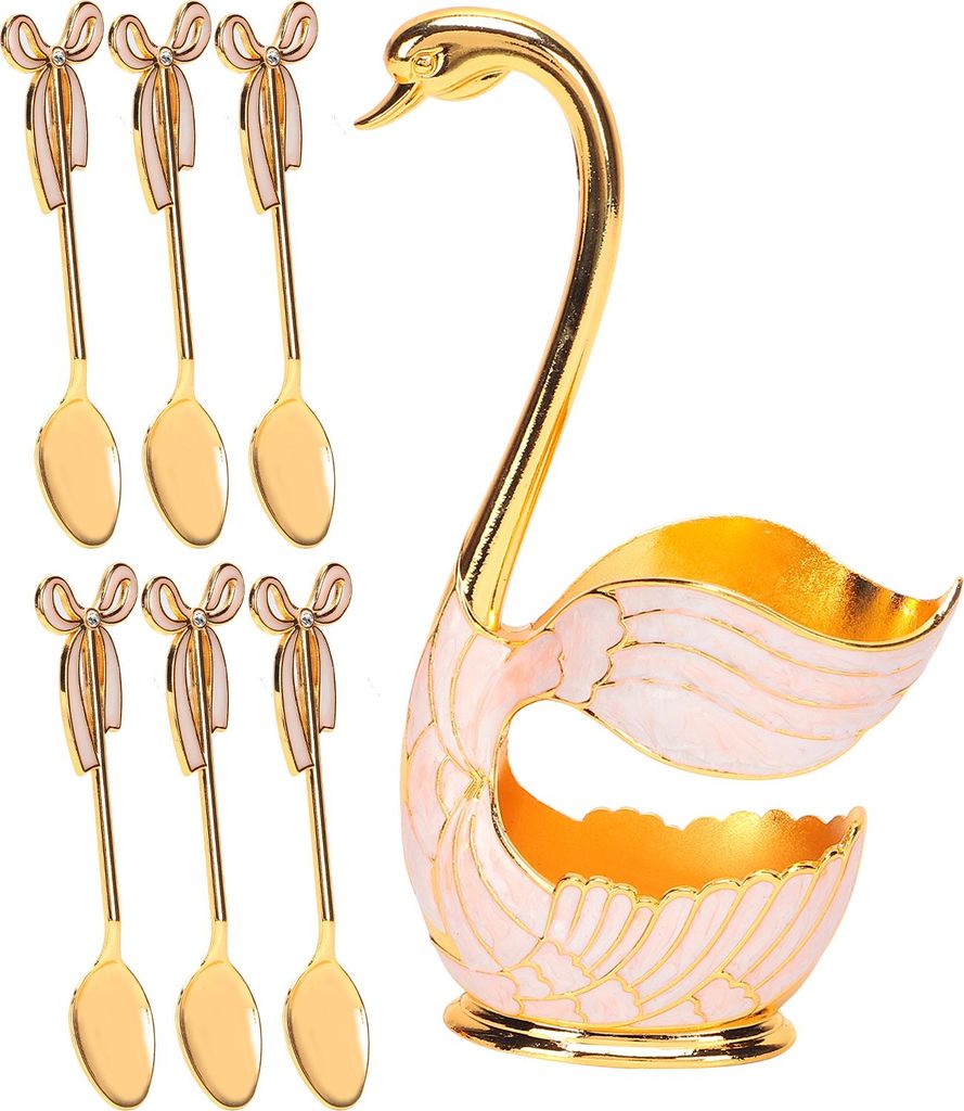 Geschirr-Sets, Kaffee, Obst, Dessertlöffel, Haushalt mit Schwanenhalter, Dekoration (goldener weißer Löffel)