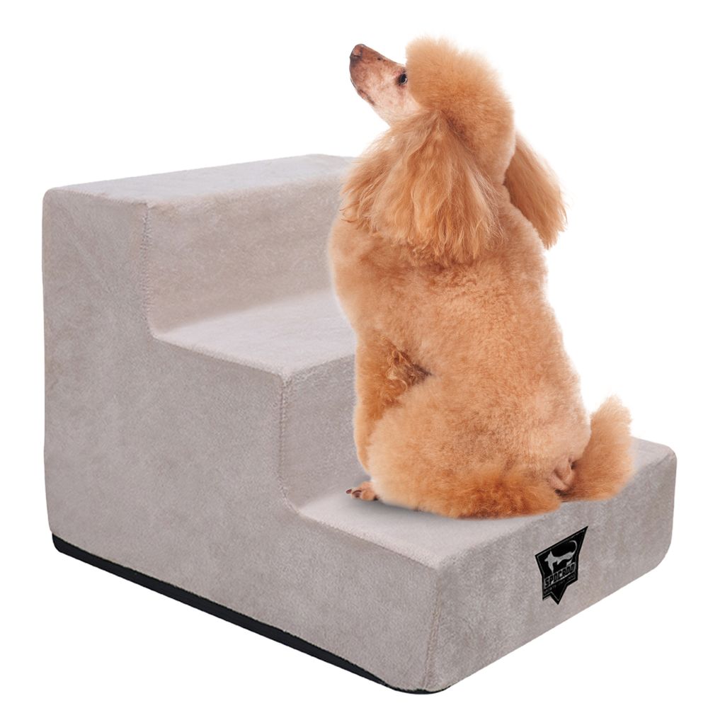 A poodle sits on a beige pet stair.
