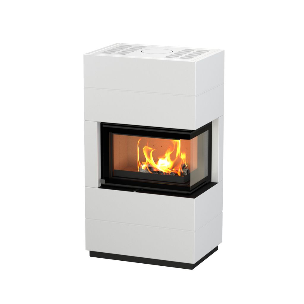 A white modern fireplace with a glass front showing a fire.