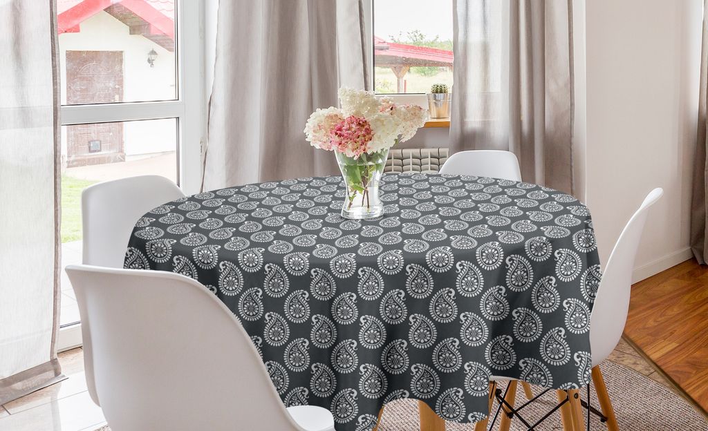 ABAKUHAUS Paisley Runde Tischdecke, Bohemian Oriental Kultur, Kreis Tischdecke Abdeckung für Esszimmer Küche Dekoration, 150 cm, Grau und Weiß