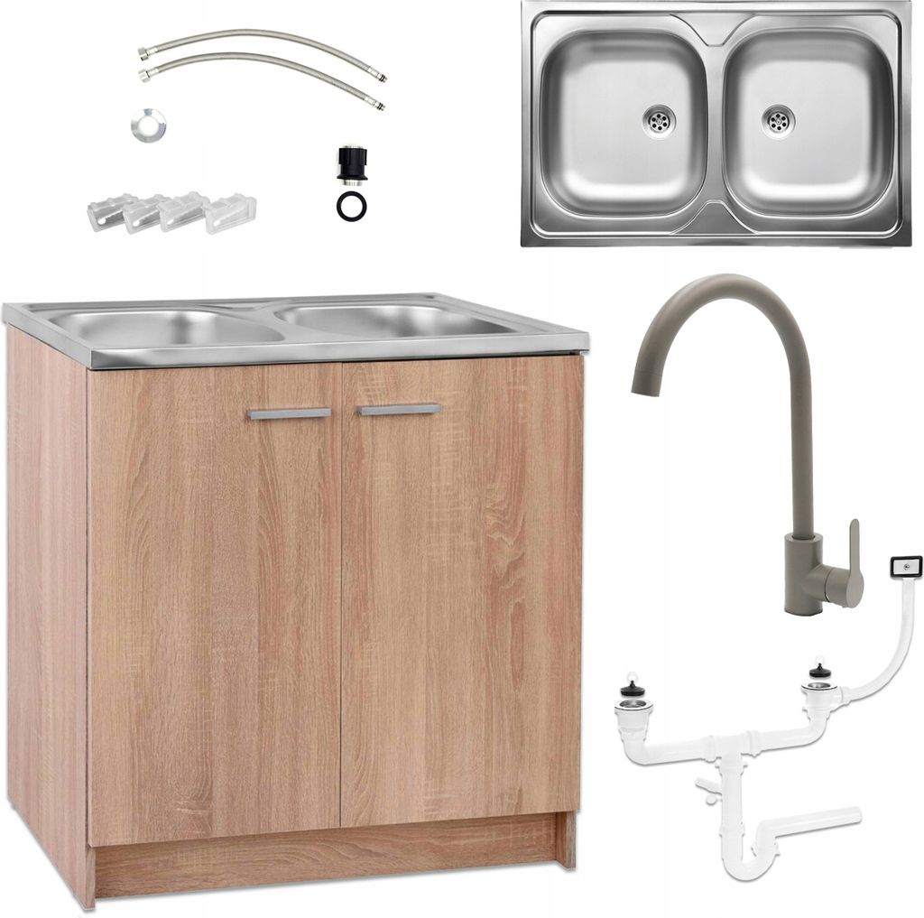 A kitchen cabinet with a double sink, faucet, and plumbing accessories, laid out against a white background.