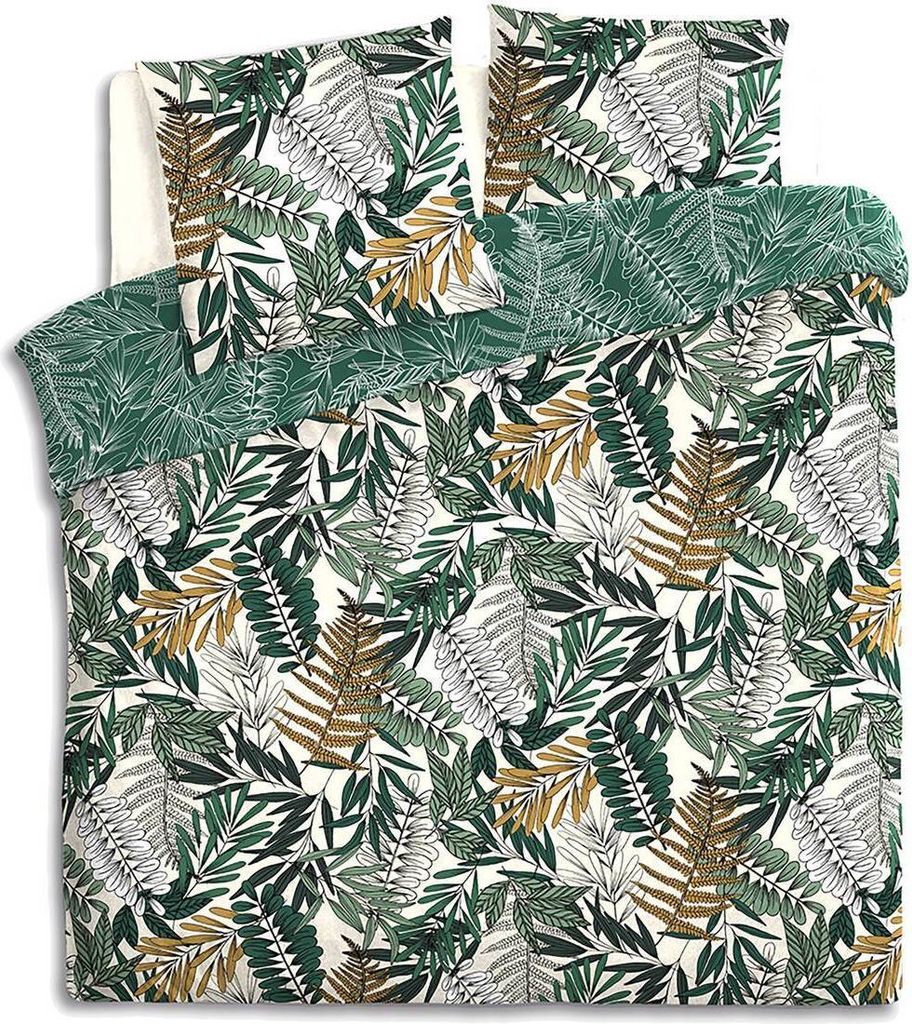 A folded duvet cover with a tropical leaf pattern.