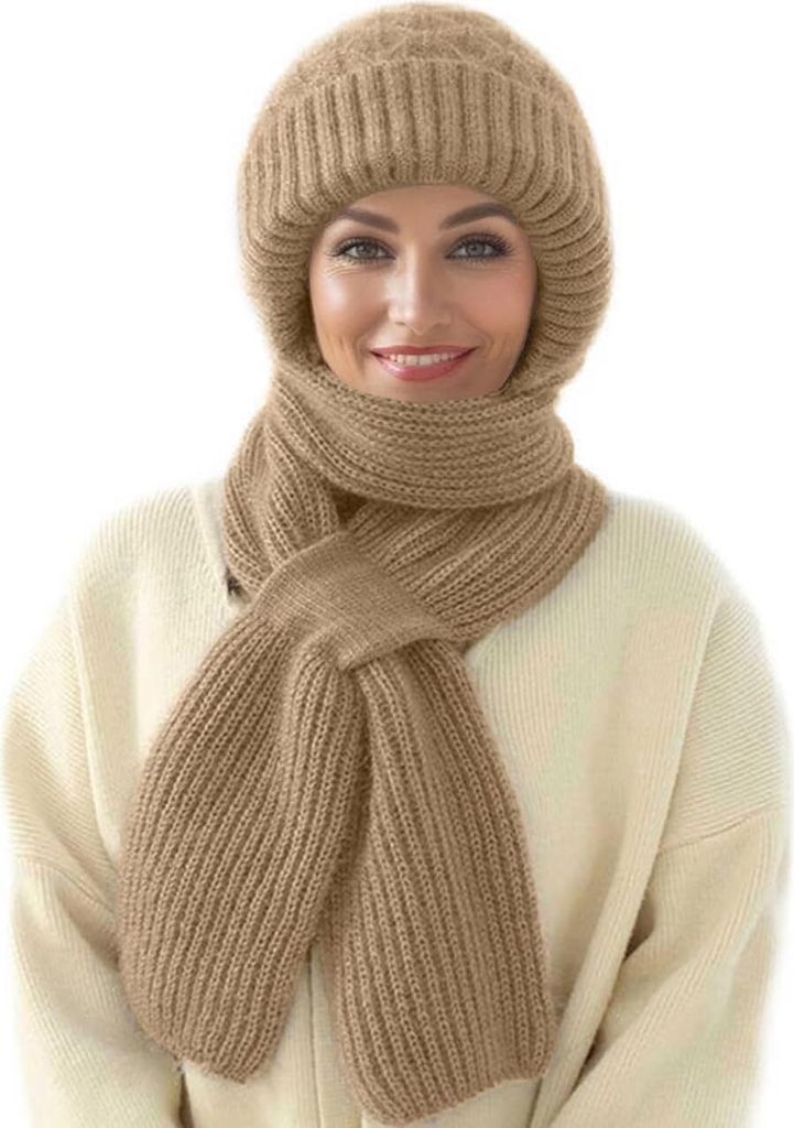 Winter Integrierter Gehörschutz Winddichte Mütze Schal - Damen 2-in-1 Wintermütze mit Kapuzenschal, Verdickt und Warm - Stilvolles Strickmützen...