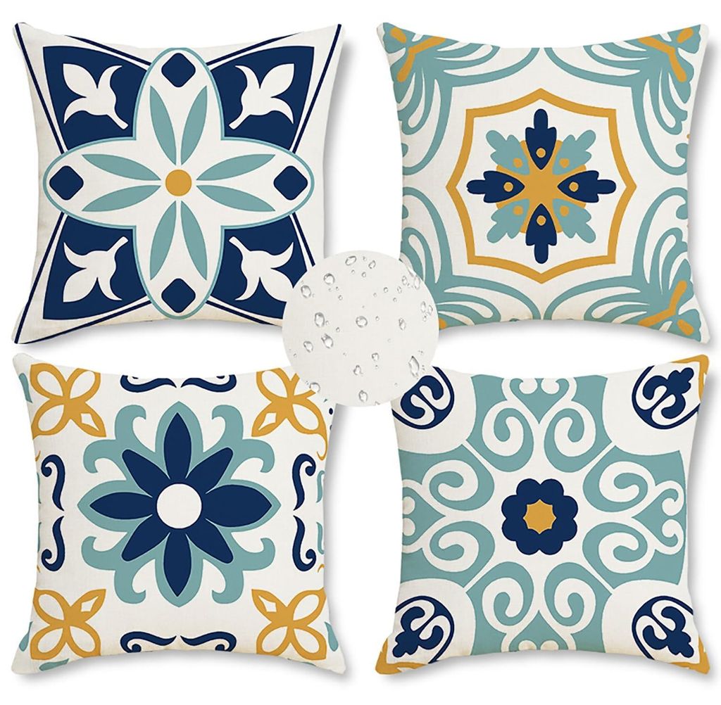 Set mit 4 Kissenbezügen, 45 x 45 cm, wasserdicht, atmungsaktiv, mit Muster, für Sofakissen, Garten und Außenbereich.
