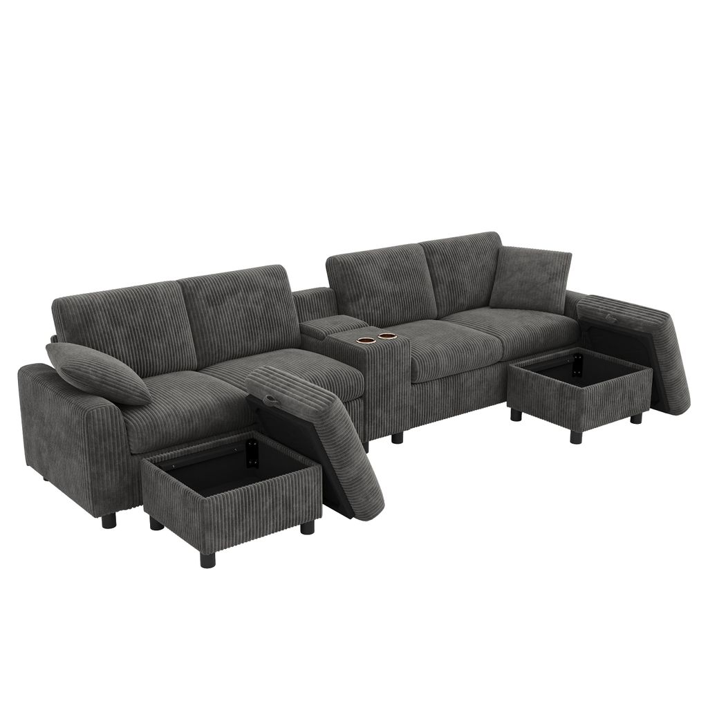 Canapé d'angle avec 2 repose-pieds de rangement + 2 porte-gobelets + 1 port Canapé d'angle avec 2 repose-pieds de rangement + 2 porte-gobelets + 1 port