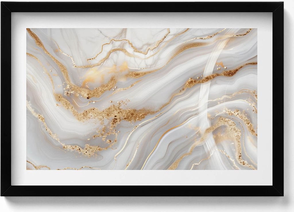 Textur von Marmor mit Gold– Wandbild mit Rahmen – Gerahmtes Bild – Wanddekoration – 60x40 cm – Schwarz Rahmen