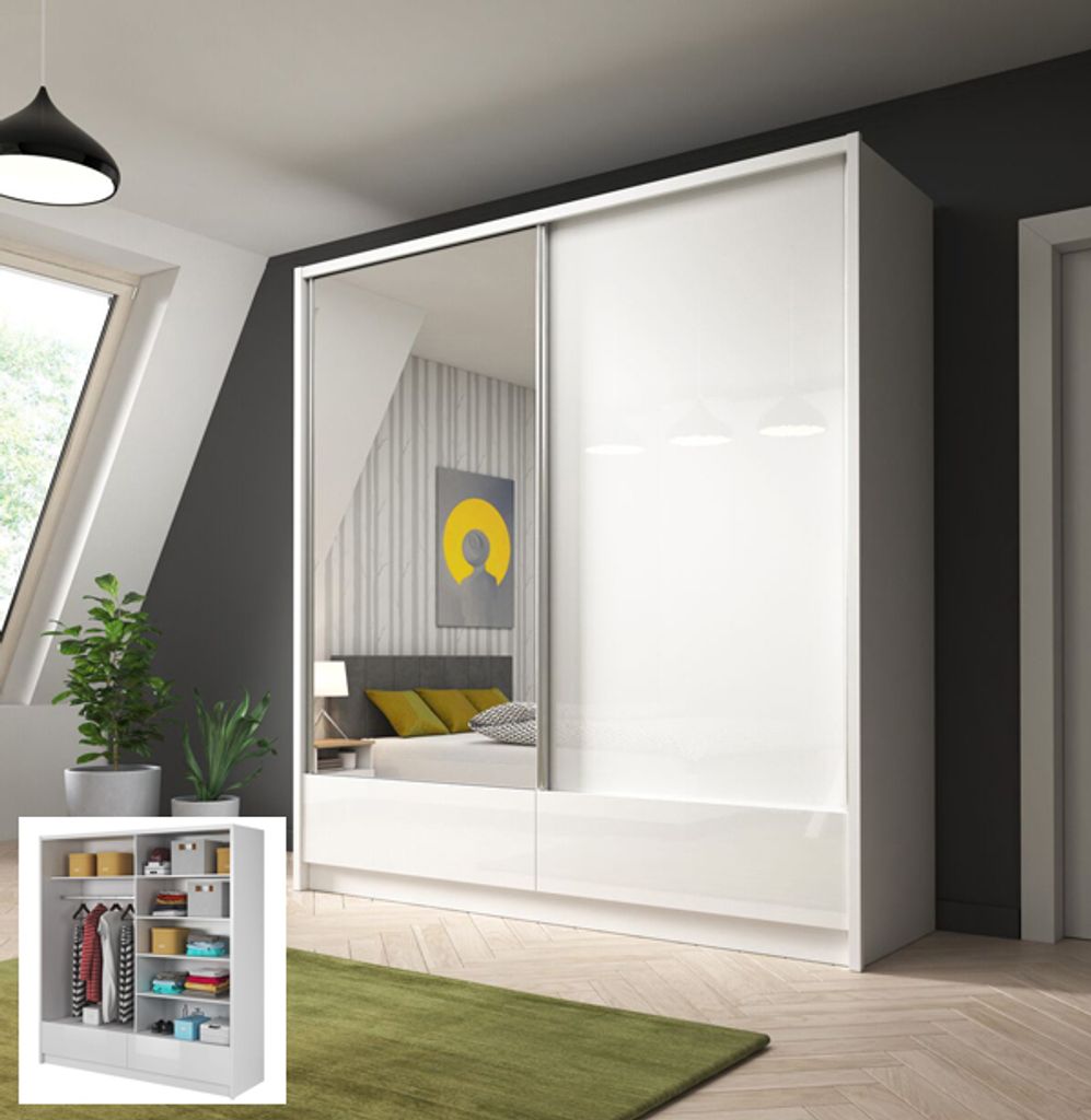Schiebetürenschrank Schlafzimmerschrank Schubladen Spiegel weiß / weiß Hochglanz - Breite: 200-204 cm