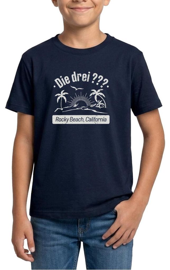 Spreadshirt Die Drei Fragezeichen Rocky Beach Design Mit Palmen Teenager T-Shirt, 134/146 (9-11 Jahre), Navy