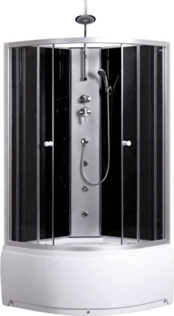 A modern hydromassage shower cabin with black back walls and a white base.