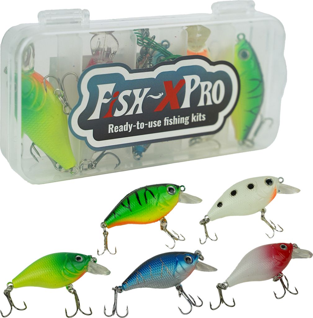 Fish-Xpro Angelköder-Set – 5-teilig – Köder-Set – Wobbler – Drillinge – inkl. Stahlvorfächer – Tacklebox – Raubfisch – Zander