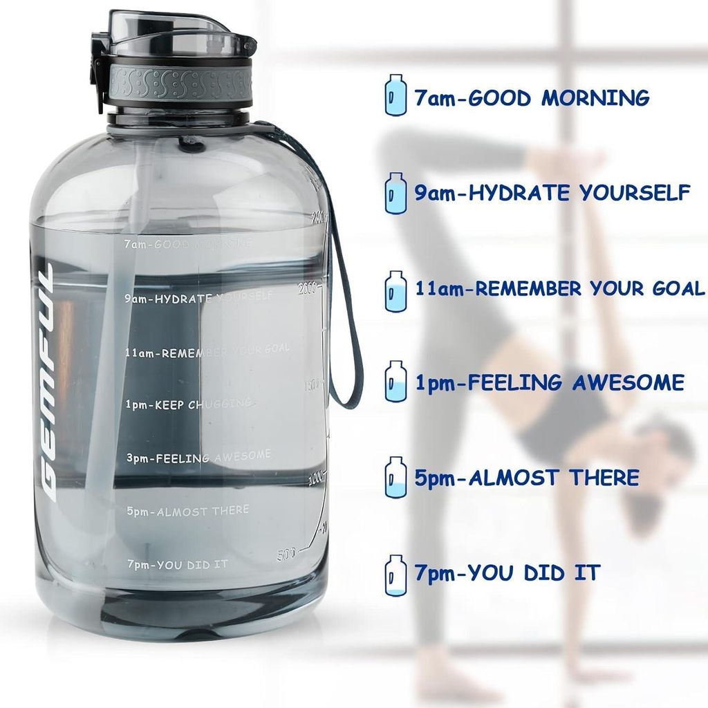 Sport-Trinkflasche 3L mit Zeitmarkierung, Strohhalm &