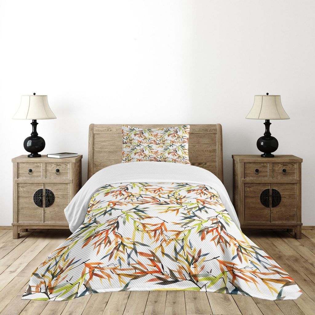 ABAKUHAUS asiatisch Tagesdecke Set, Aquarelle ethnische Bambus Pinsel malen mit ostchinesischen Volkskunst Stil Boho Print, 170 x 220 cm, Mehrfarbig