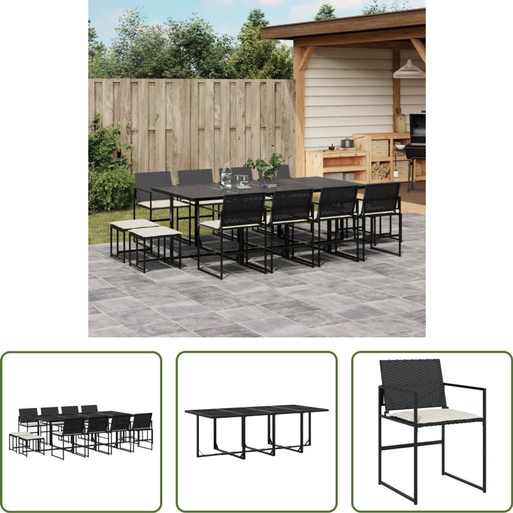 The Living Store 13-tlg. Garten-Essgruppe mit Kissen Schwarz Poly Rattan