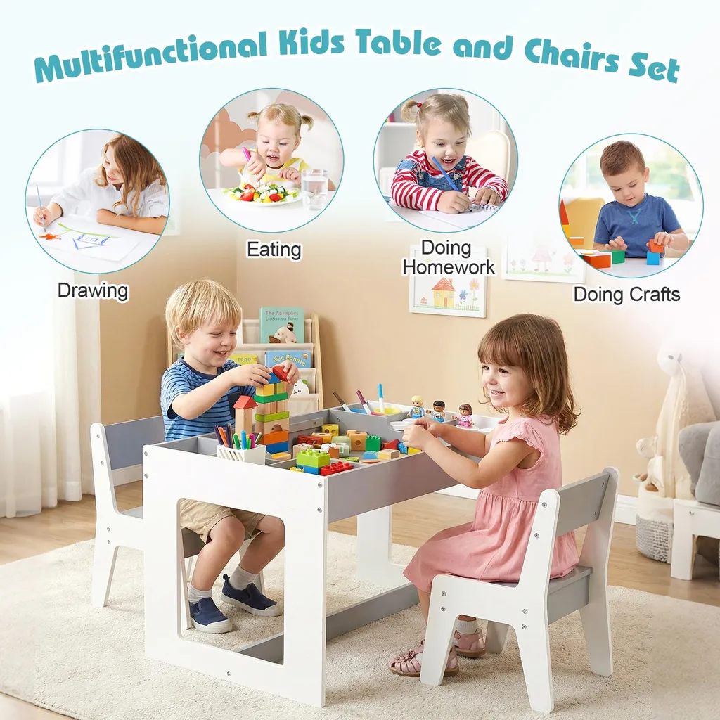 COSTWAY Table 3 en 1 Enfants avec 2 Chaises et Rangement Gris Modèle K12 - 4