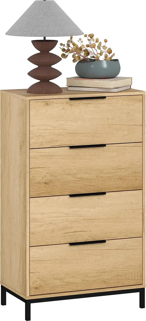 Commode de chambre haute 4 tiroirs gain de place bois naturel 105cm