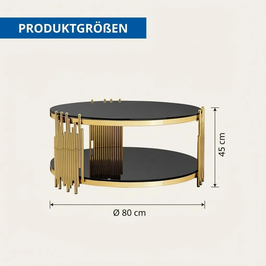 Table Basse de Luxe en Acier Doré et Verre Noir Double Compartiment
