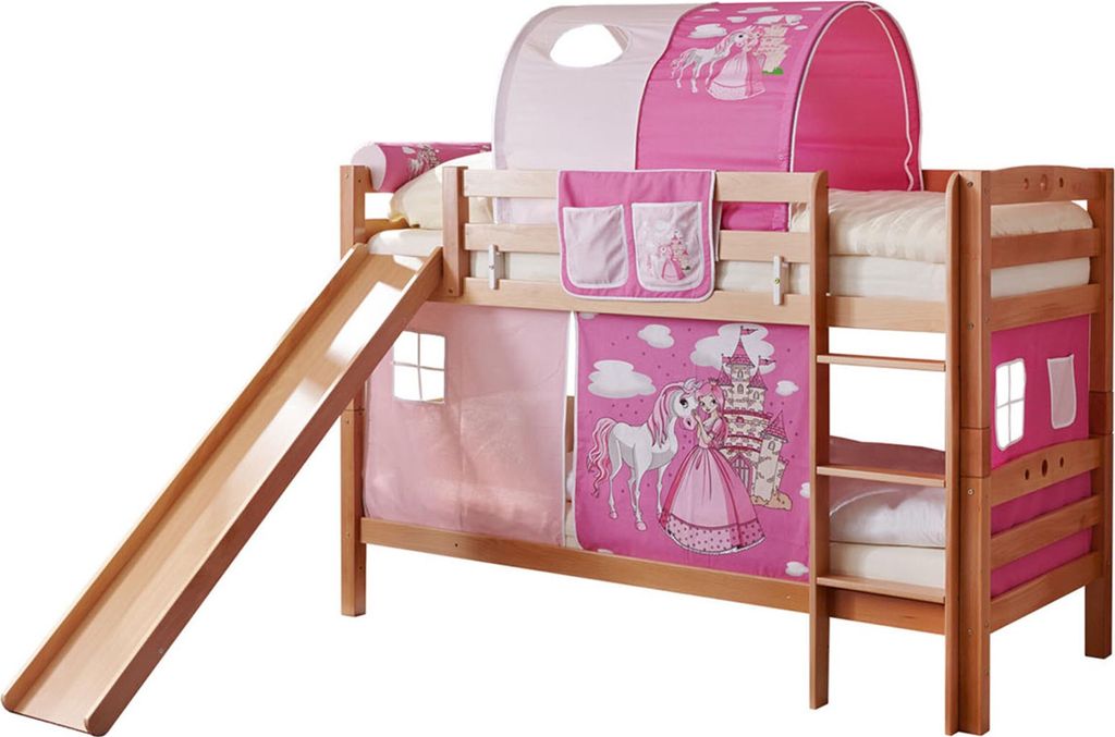Etagenbett mit Rutsche Doppelbett Buche massiv Natur, Vorhangstoff:Horse Pink