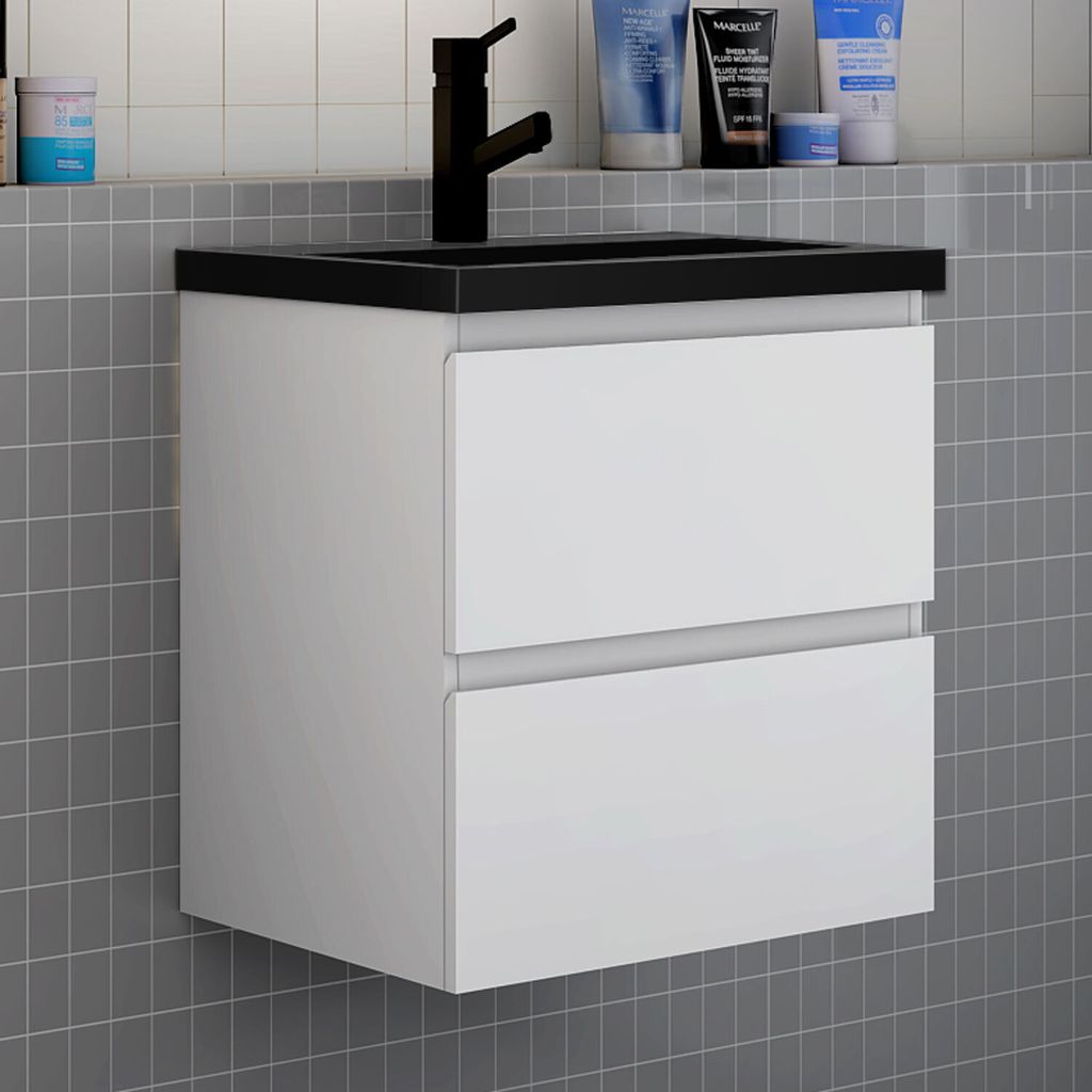 Badezimmermöbel 60cm CINIC-Serie Schwarz Waschtisch mit Unterschrank Hängeschrank Badezimmerschränke mit 2 Schubladen Weiß Matt