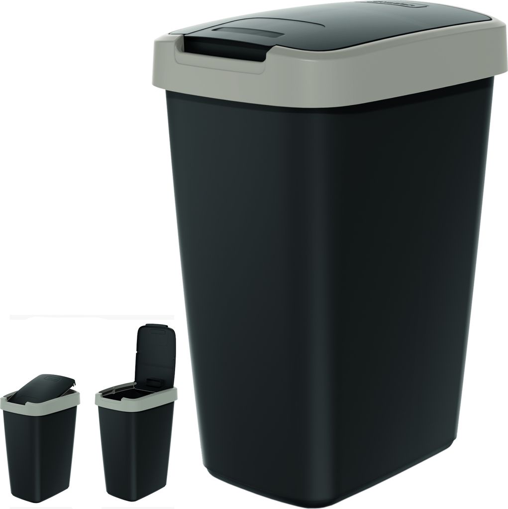 A black trash can with a light brown rim and lid, shown in a studio setting with a white background. Two smaller views of the trash can are shown on the left, one with the lid closed and one with the lid open.