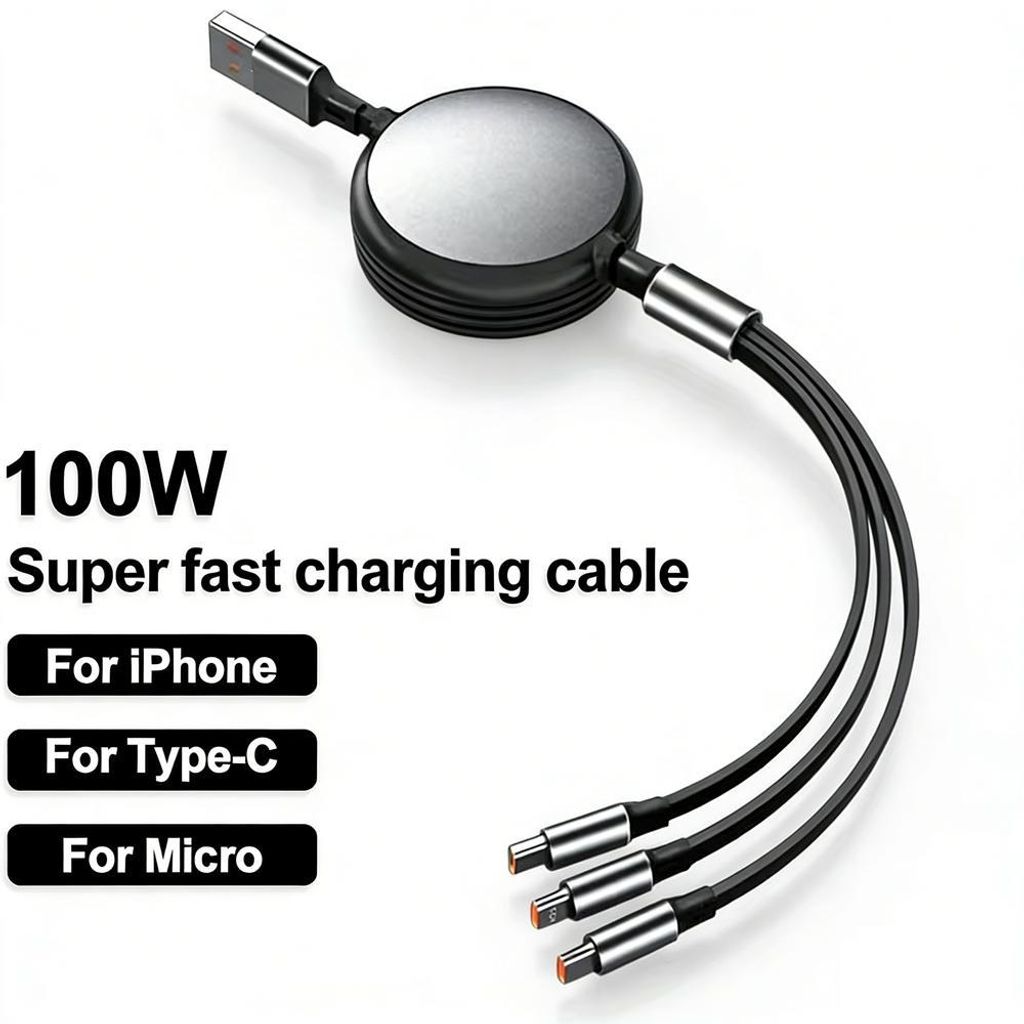 2er-Set 3-in-1-Einziehbares 100-W-Schnelllade-Datenkabel USB-Ladekabel für Smartphones