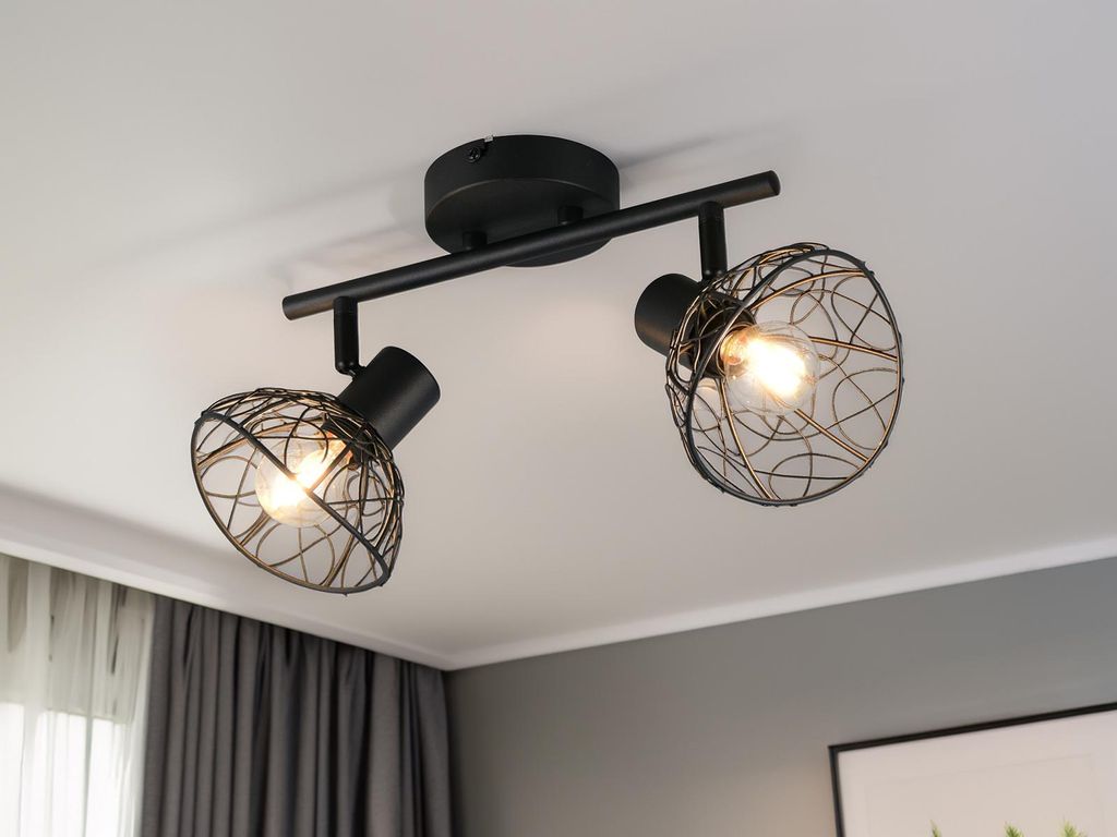 LED Deckenstrahler Schwarz 2-flammig mit Drahtgeflecht Lampenschirmen, B: 39,5cm