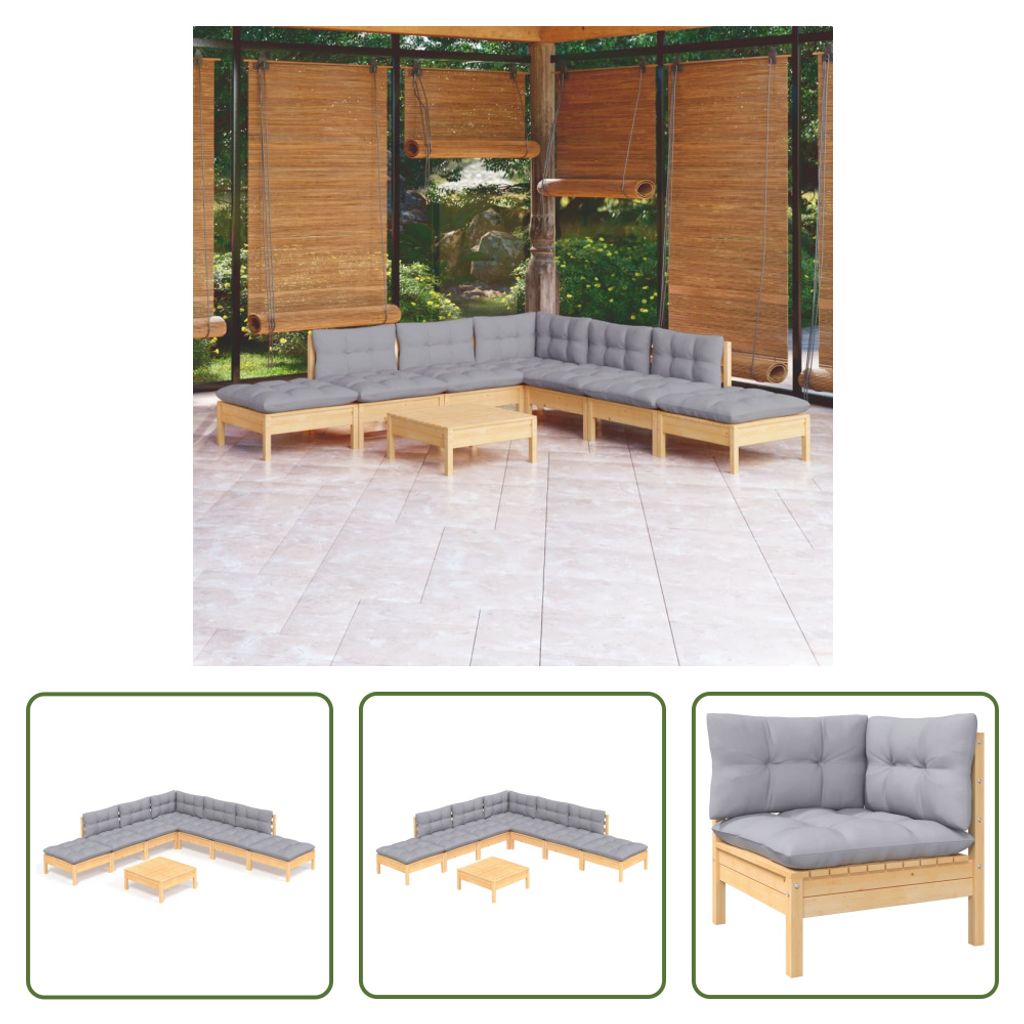 The Living Store 8-tlg. Garten-Lounge-Set mit Grauen Kissen Kiefernholz