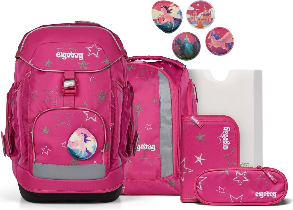 A collection of pink school bags and accessories with star and unicorn motifs, displayed on a white background.