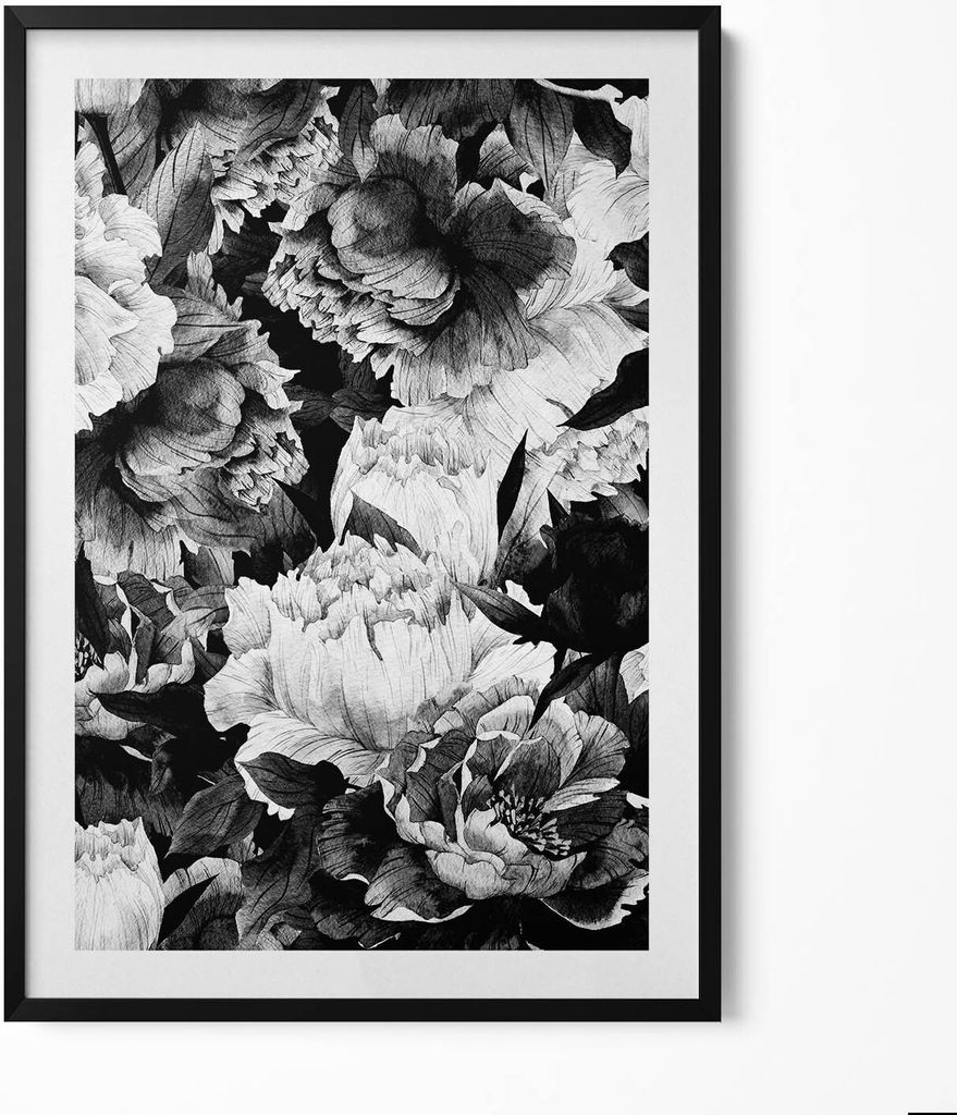 Schwarze und weiße Pfingstrosenblüten– Wandbild mit Rahmen – Gerahmtes Bild – Wanddekoration – 70x100 cm – Schwarz Rahmen
