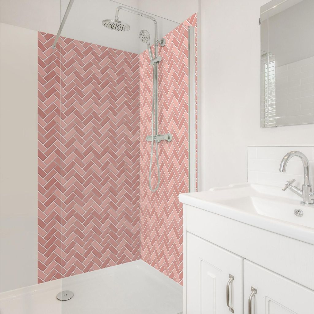 Duschrückwand mit Motiv selbstklebend - 0.61 mm Wandpaneel wasserfest Design rosa Fliesenoptik Unifarben Badrückwand fugenlos Premium matt 110x2...