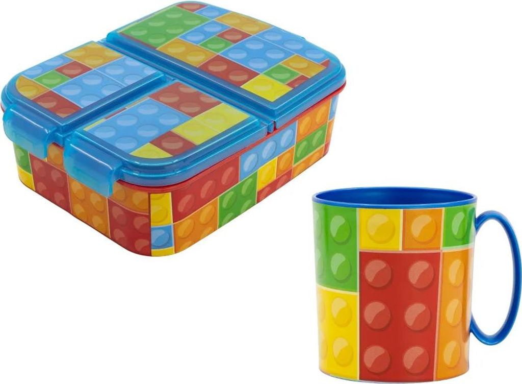 Klemmbausteine Kinder 2 teiliges Set Brotdose mit 3 Kammern plus Becher