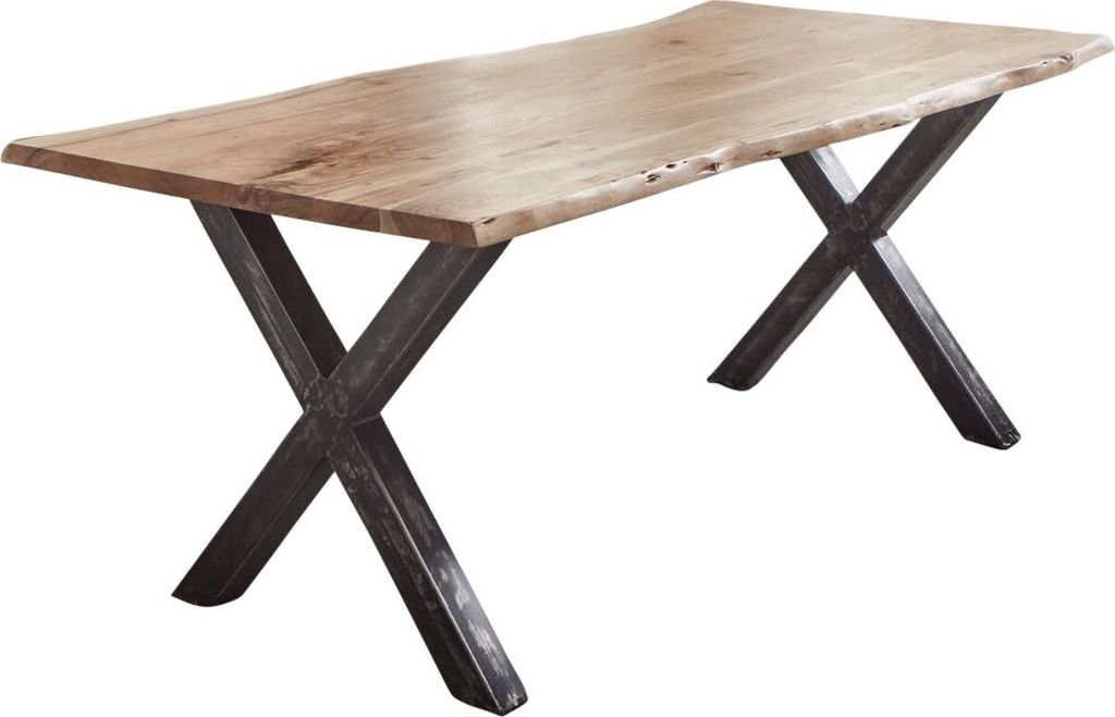 Esstisch Baumkante Akazie naturfarben 240 x 100 cm Vintage X-Gestell schwarz FREDERIK