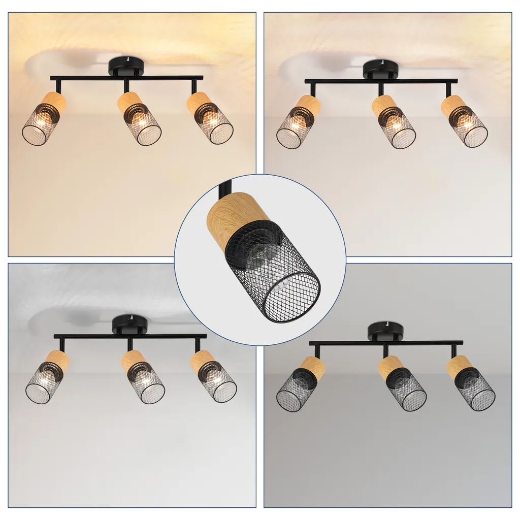 Spot de Plafond en Bois Rétro avec 3 Projecteurs Pivotants pour Salon - 2