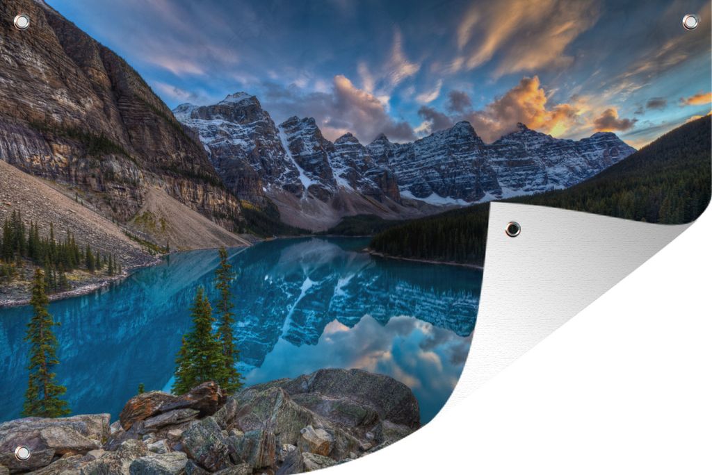MuchoWow 120x80 cm Outdoor-Poster Gartendeko Sichtschutz Garten Poster für den Garten Dämmerung am Moraine Lake in Kanada