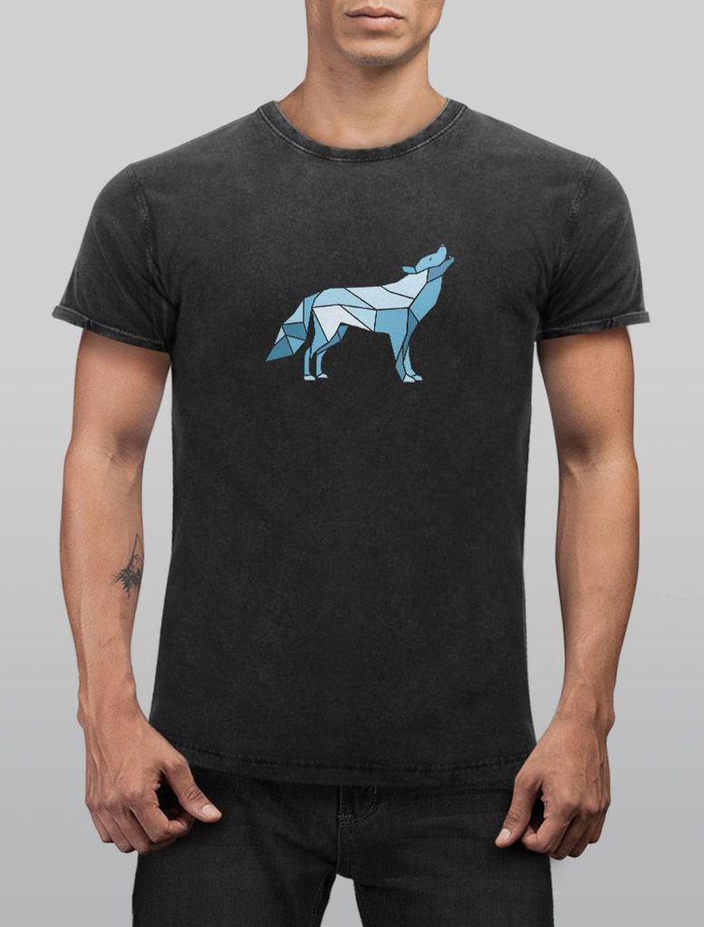 Herren Vintage Shirt Aufdruck Wolf Polygon Print Geometrie Outdoor Wildnins Wandern Printshirt Aufdruck Used Look Neverless schwarz L