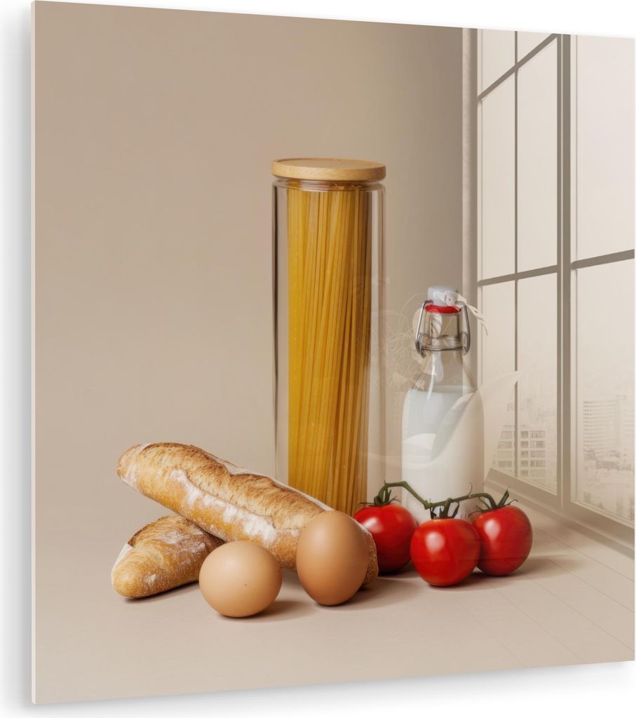 MuchoWow Glasbilder - Bilder auf Wandbild - Foto auf Glas Spaghetti - Milch - Tomaten - Eier - Brot 20x20 cm Wanddekoration aus Glas - Acrylglasbil...