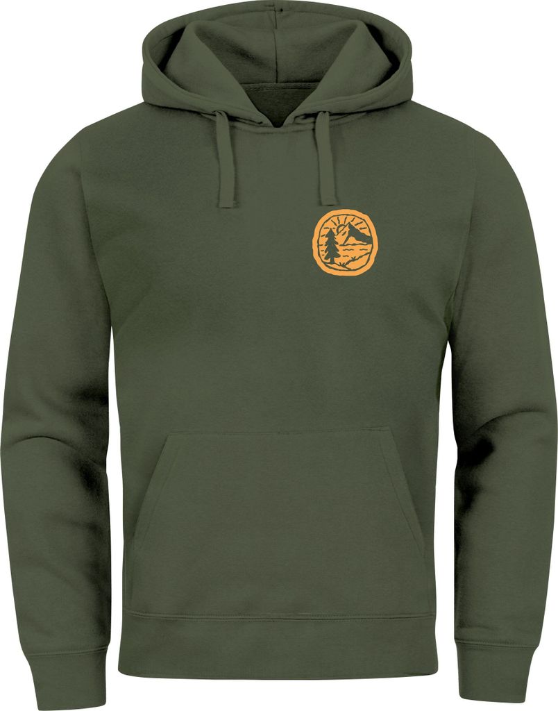 Hoodie Herren Print Logo Badge Landschaft Natur Berge Wandern Outdoor Fashion Neverless oliv 3XL