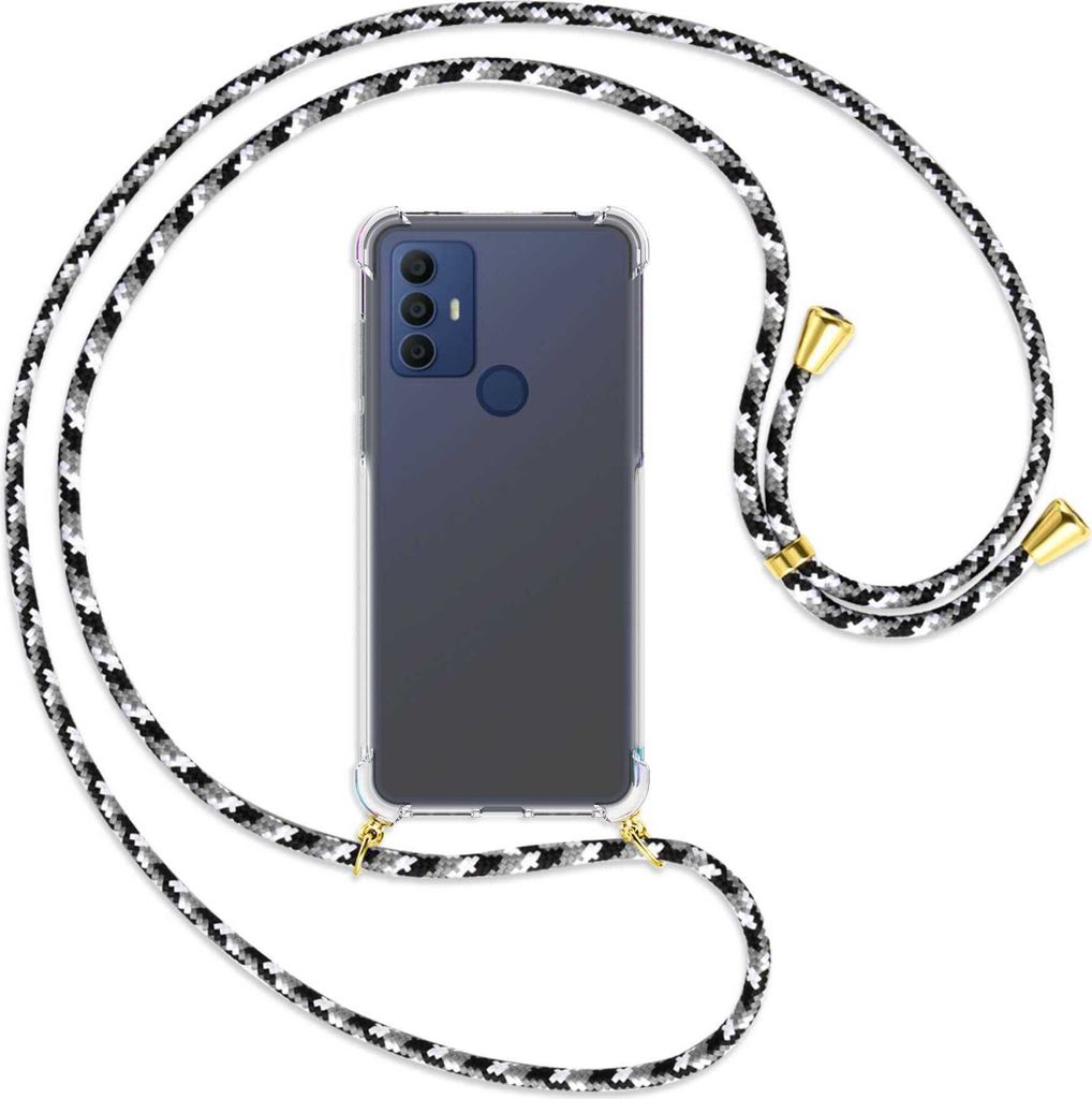 Handykette Backcover-Schutzhülle mit Band (Metall goldfarben) für TCL 30 SE, TCL 305, TCL 306 - schwarz/grau/weiß