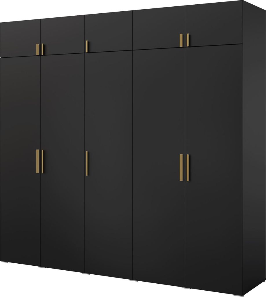 Kleiderschrank, Drehtürenschrank Schwarz mit Ablageflächen und Kleiderstangen Breite 250 cm