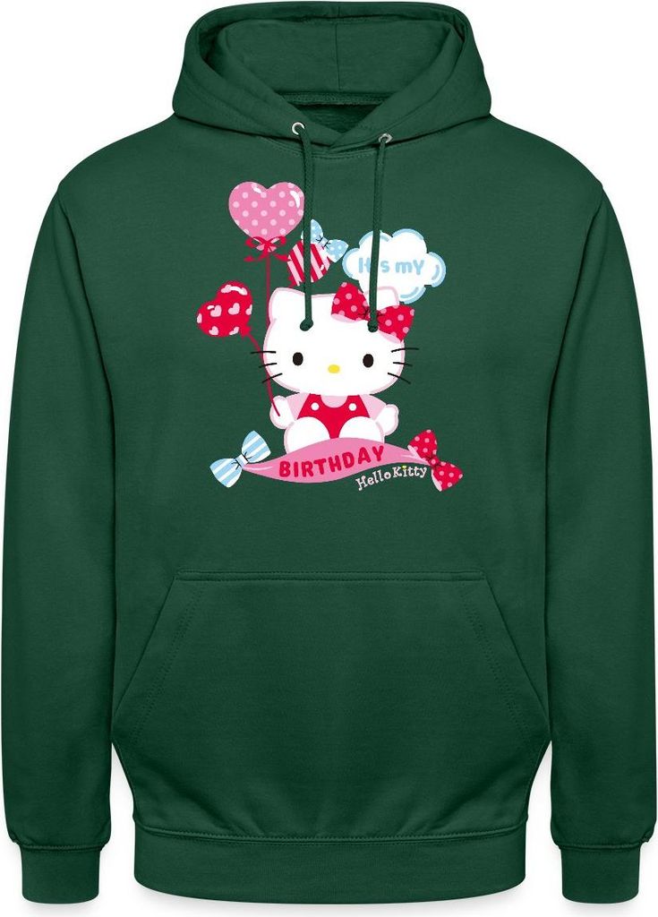 Spreadshirt Hello Kitty Mit Ballons Mein Geburtstag Uni Hoodie, XXL, Flaschengrün