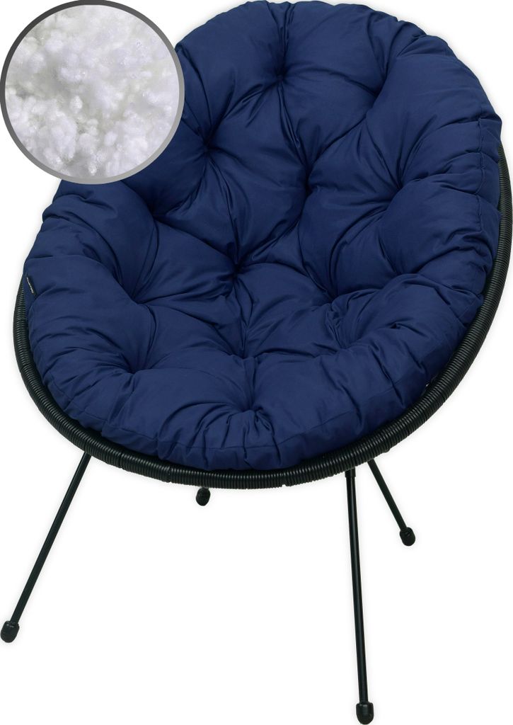 A navy blue cushion on a black chair with black legs.